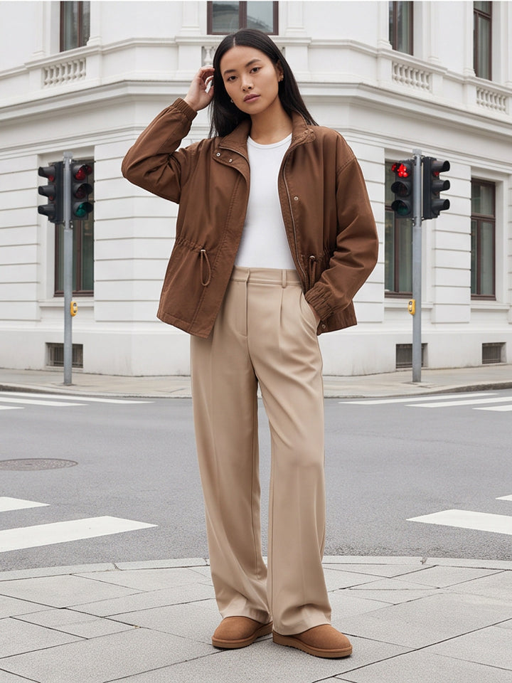 Women's utility field jacket with drawstring waist, high collar, and elastic cuffs Mune Fashion