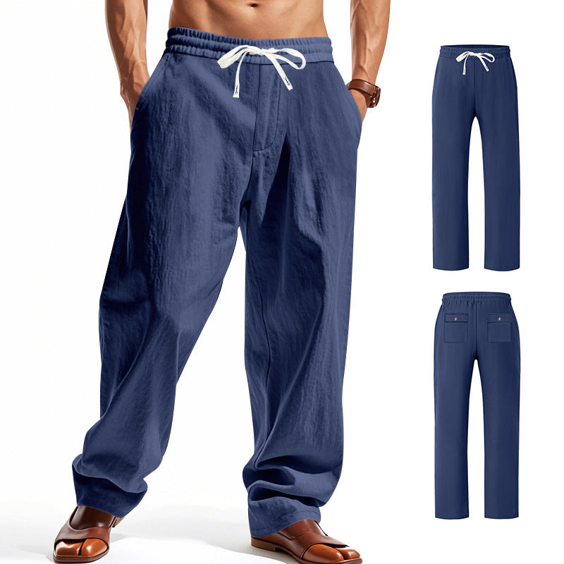 Men's wide comfort trousers in linen blend with elastic drawstring, straight leg, and patch back pockets Mune Fashion