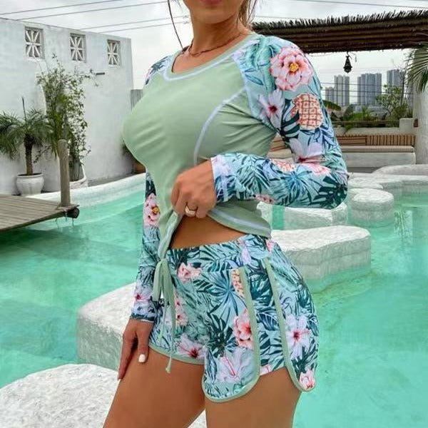 Ladies Sporty Long Sleeve Swim Top with Floral Design and Shorts Mune Fashion
