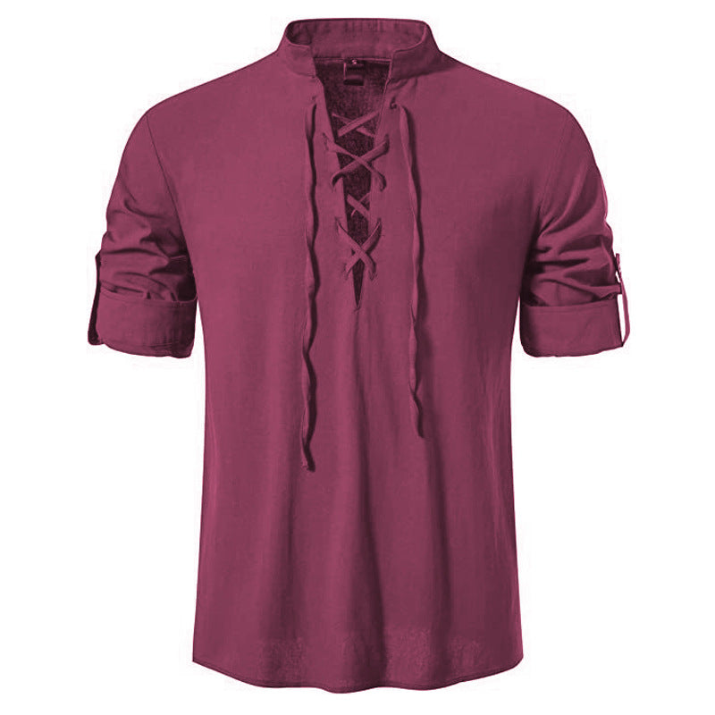 Men's casual lace-up shirt with stand-up collar, linen-cotton blend and roll-up sleeve tabs Mune Fashion