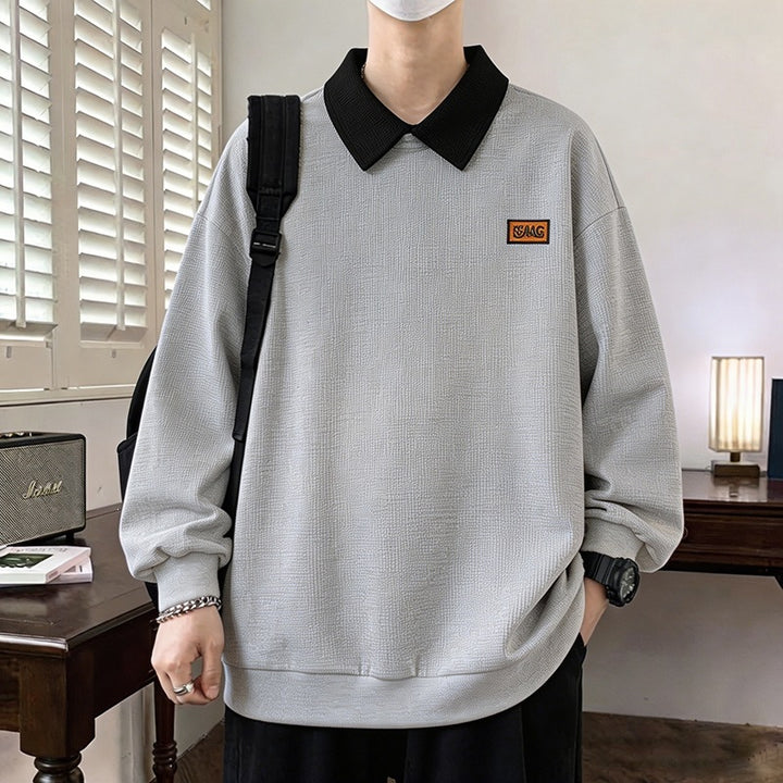 Men's Loose Fit Polo Sweatshirt with Contrast Collar and Waffle Texture Mune Fashion