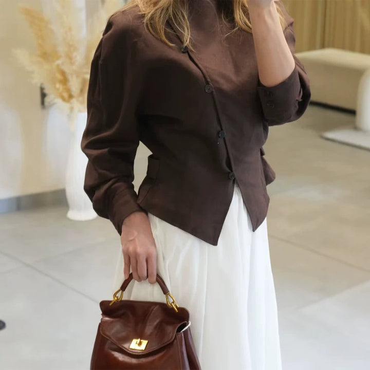 Women’s asymmetrical tailored blouse jacket made of linen with diagonal button closure Mune Fashion