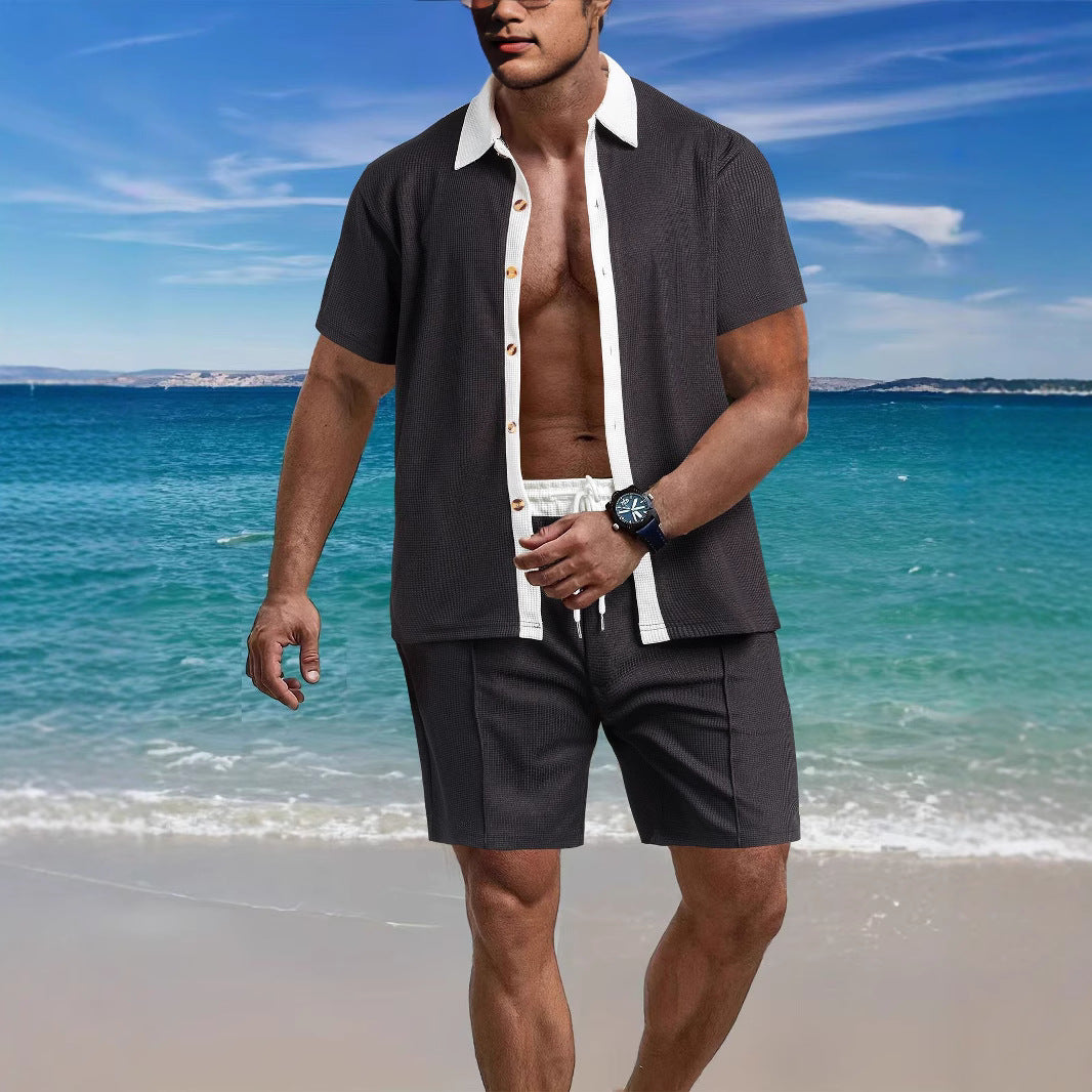 Men's modern leisure set made of fine textured jersey with shirt collar button placket and drawstring shorts Mune Fashion
