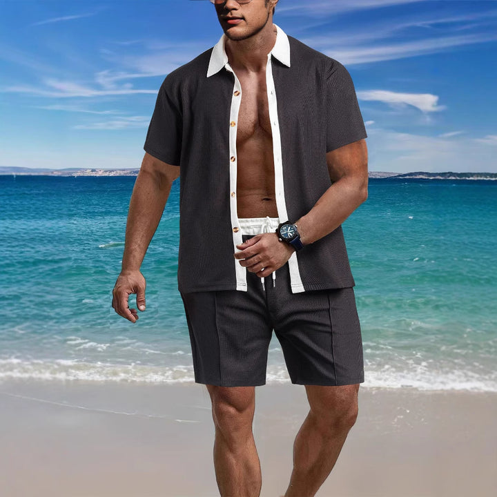 Men's modern leisure set made of fine textured jersey with shirt collar button placket and drawstring shorts Mune Fashion