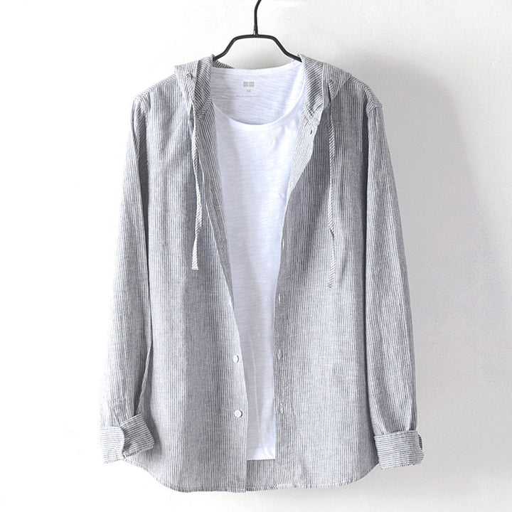 Men's Lightweight Hoodie Shirt made of Linen-Cotton Blend with Fine Stripe Structure Mune Fashion