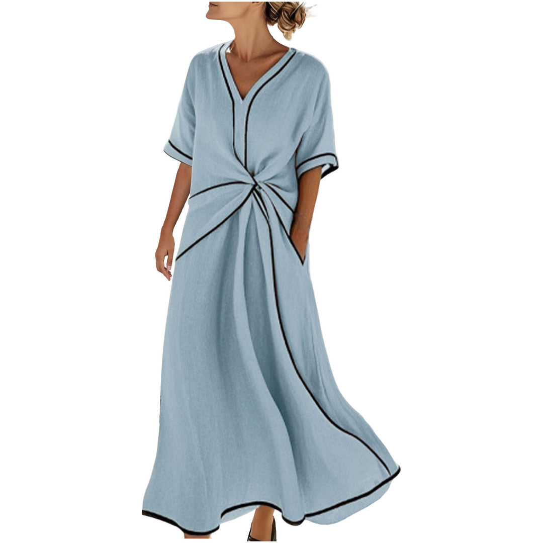 Women's Long A-Line Dress with V-Neck, Knot Detail and Contrast Piping Mune Fashion