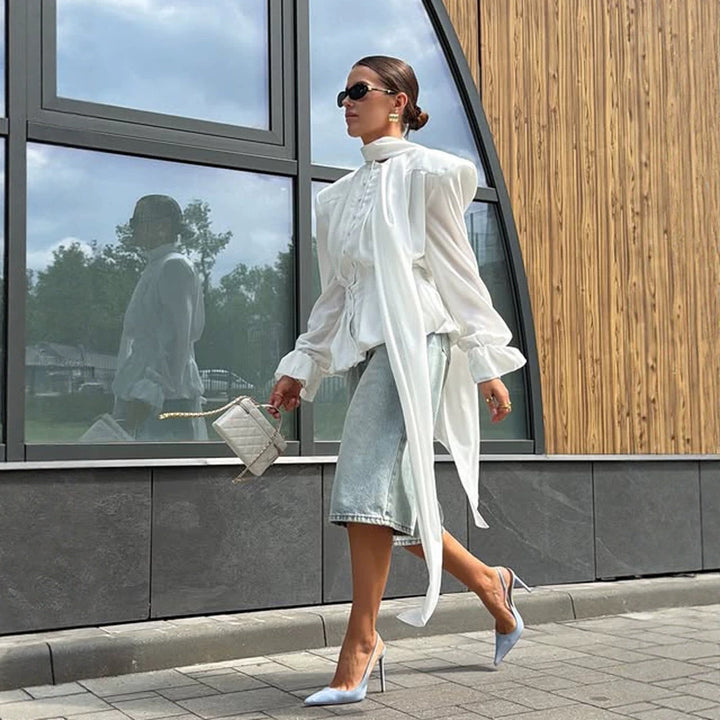 Women's Elegant Blouse with Bow Tie Collar, Emphasized Shoulders, and Long Ties Mune Fashion