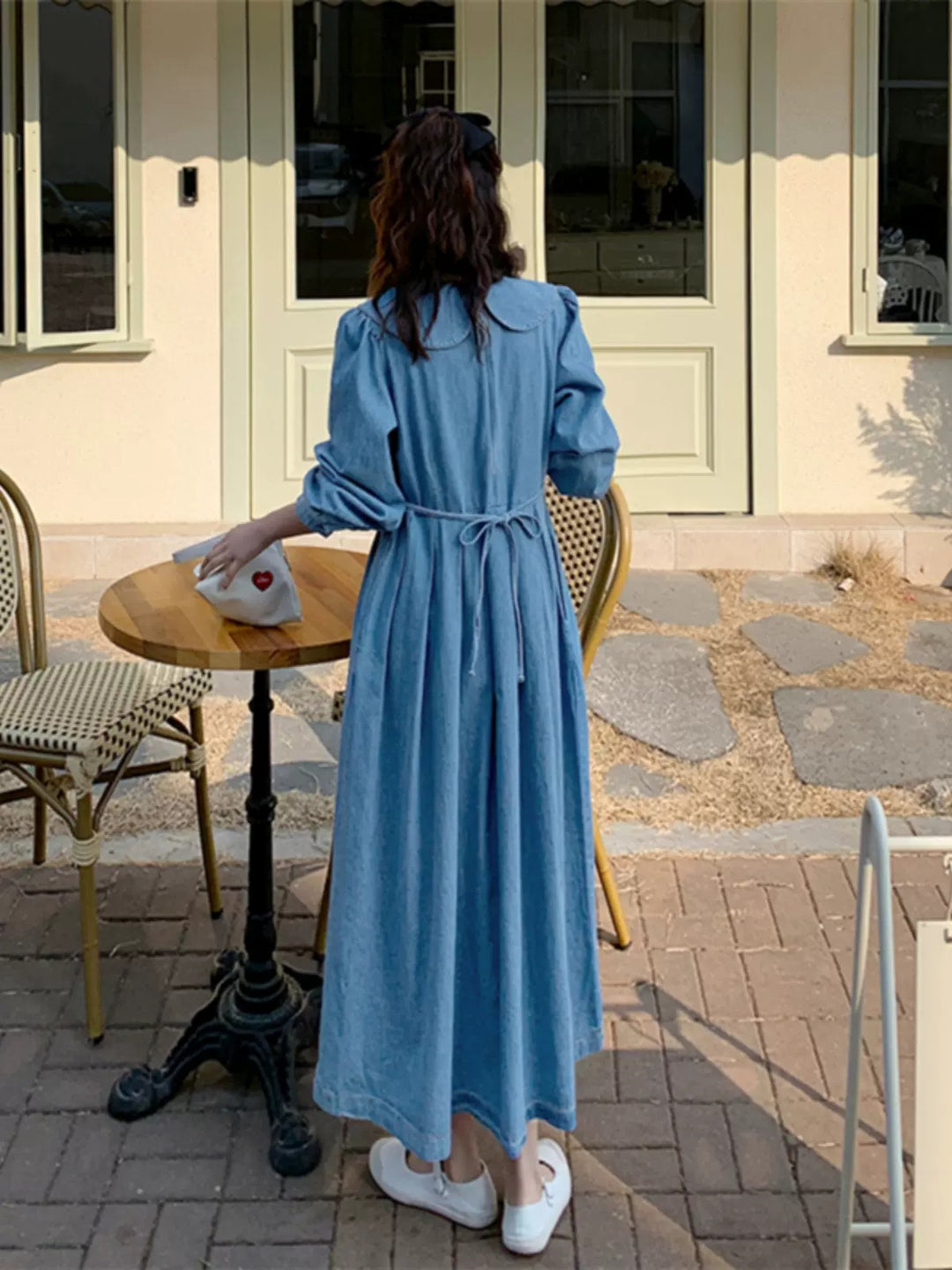 Women's Long Chambray Midaxi Shirt Dress with Ruffled Waist Yoke and Wide Skirt Pleats Mune Fashion