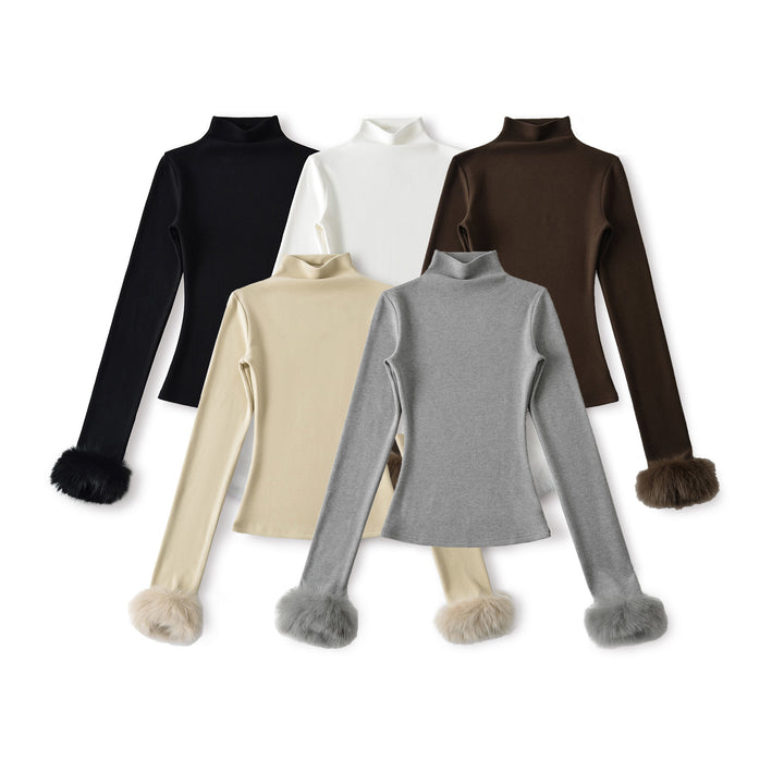 Women's Fitted Turtleneck Top with Faux Fur Cuffs Mune Fashion