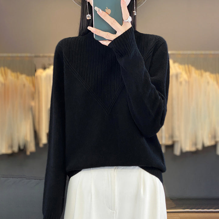 Women's Loose Mohair Blend Sweater with Textured V Panel and Stand Collar Mune Fashion