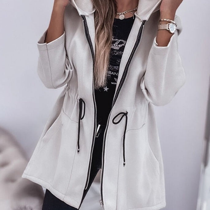 Women Lightweight Hooded Parka with Drawstring and Double Zipper Mune Fashion