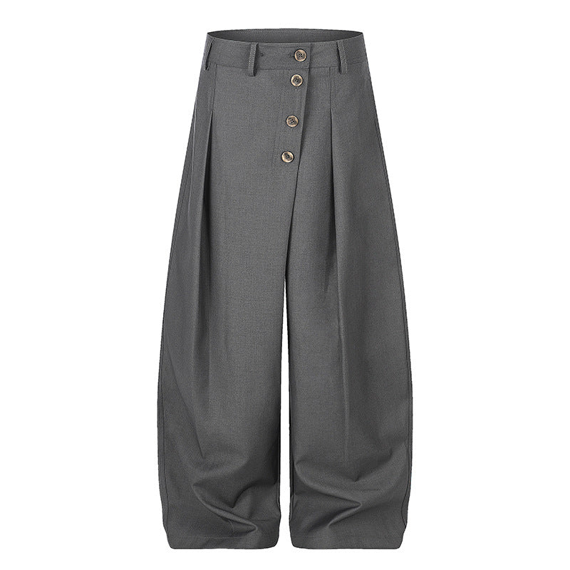Women's Wide Palazzo Pants with High Waist, Pleats and Asymmetrical Button Placket Mune Fashion