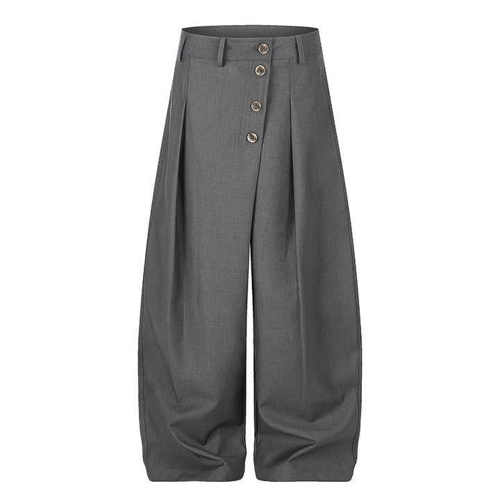 Women's Wide Palazzo Pants with High Waist, Pleats and Asymmetrical Button Placket Mune Fashion