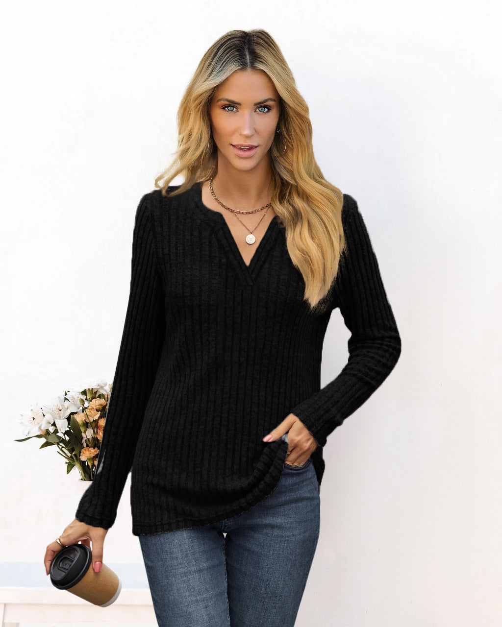 Ladies fine ribbed knit shirt with deep V-neck and tunic length Mune Fashion