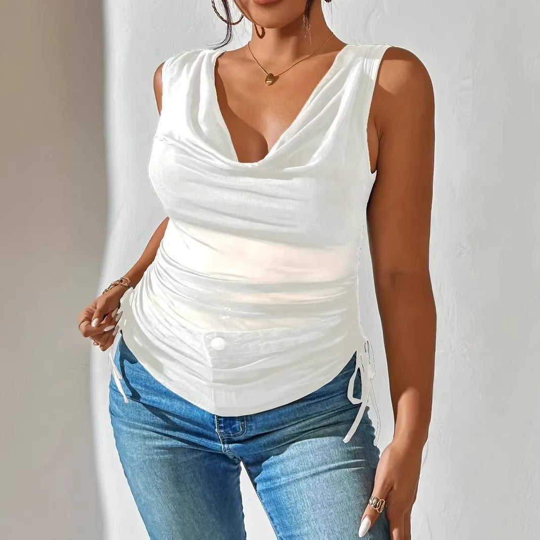 Women Sleeveless Draped V-Neck Top with Side Tuck Mune Fashion