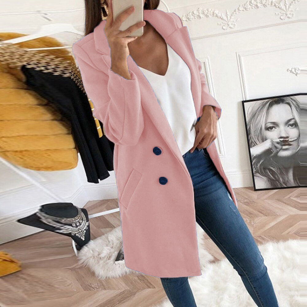 Women's Longline Wool-Look Coat-Blazer with Notched Collar Drune