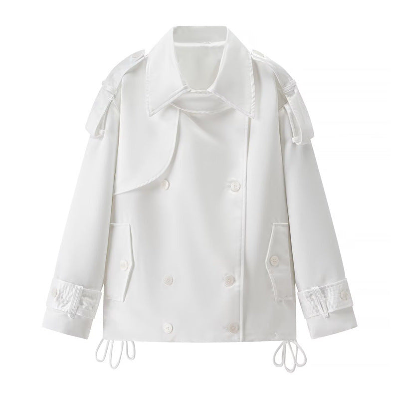 Women Short Boxy Double-breasted Trench with Drawstring and Decorative Shoulder Straps Mune Fashion