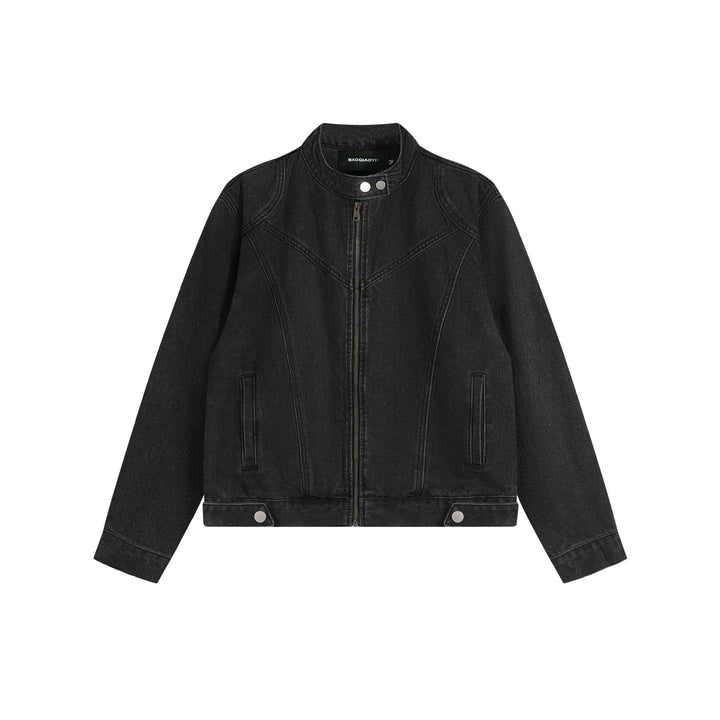 Unisex Short Cut Denim Blouson Jacket with Stand-up Collar and Full Zipper Mune Fashion