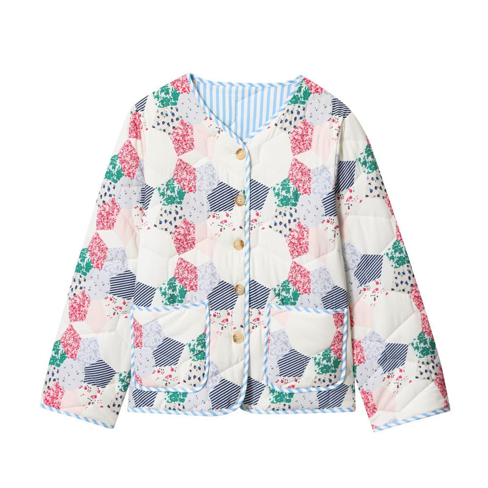 Women's Quilted Short Jacket in Patchwork Quilt Look with Button Placket and Patch Pockets Mune Fashion