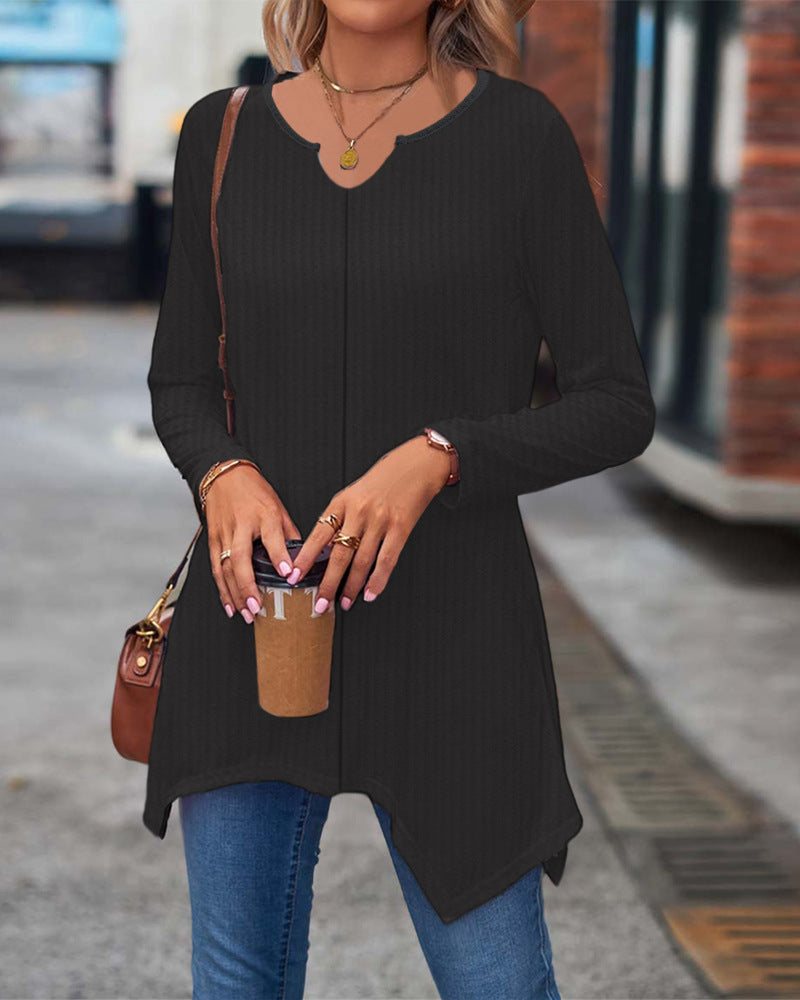 Women's Ribbed Long Sleeve Tunic Top with Asymmetrical Hem Mune Fashion