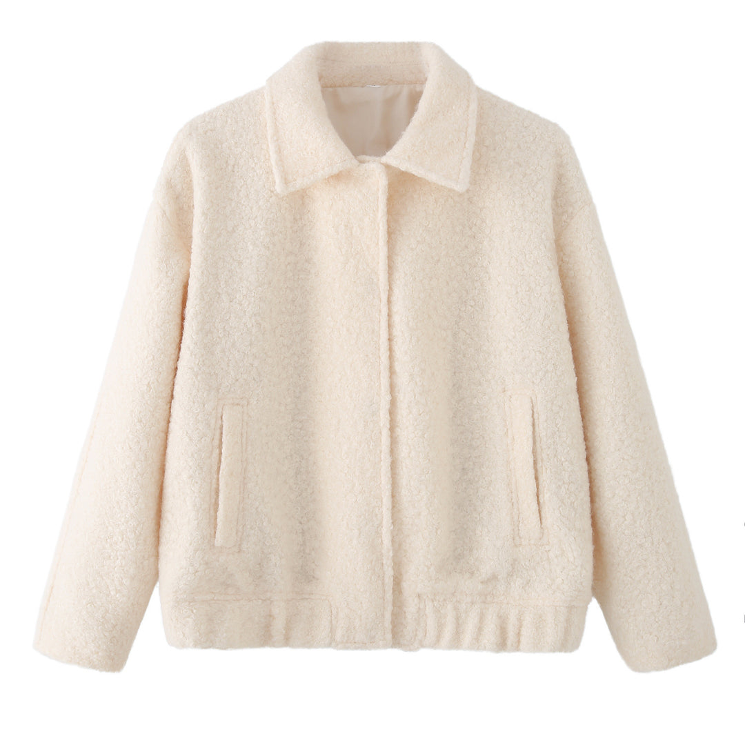 Ladies Teddy Boxy Jacket with Shirt Collar, Insert Pockets and Elastic Hem Mune Fashion