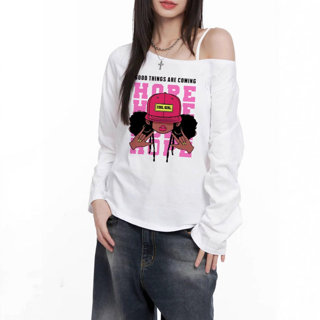 Women's casual off-shoulder long sleeve shirt with large cartoon graphic print and elastic cotton blend Mune Fashion