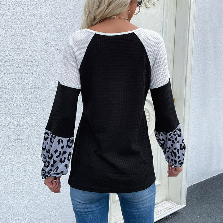 Women’s Asymmetrical Waffle Knit Shirt with Knot Hem and Leopard Cuffs Mune Fashion