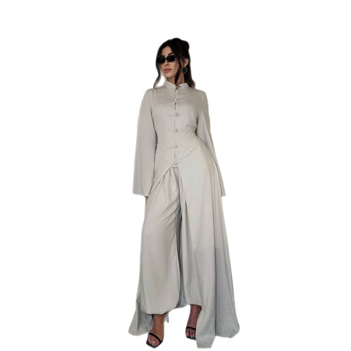 Ladies maxi dress with stand collar, mandarin button placket and draped skirt Mune Fashion