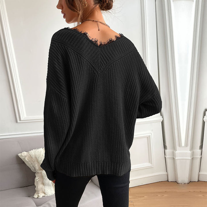 Women Elegant Knit Pullover with V-Neck and Large Pattern Mune Fashion