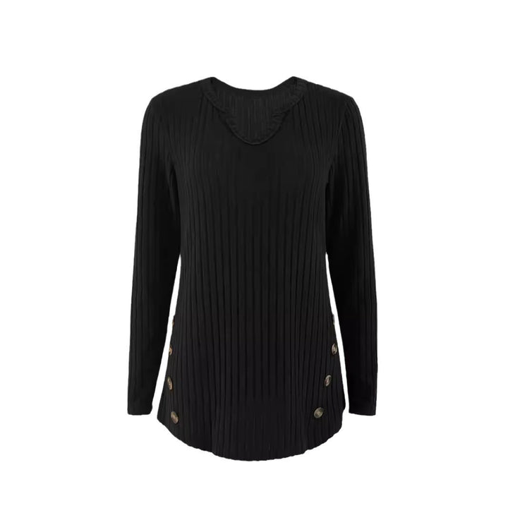 Women's ribbed fine knit sweater with V-notch neckline and decorative side buttons Mune Fashion