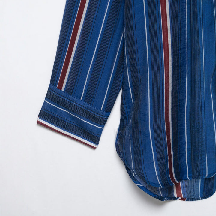 Women Oversize Shirt with Vertical Stripes and Chest Pocket Mune Fashion