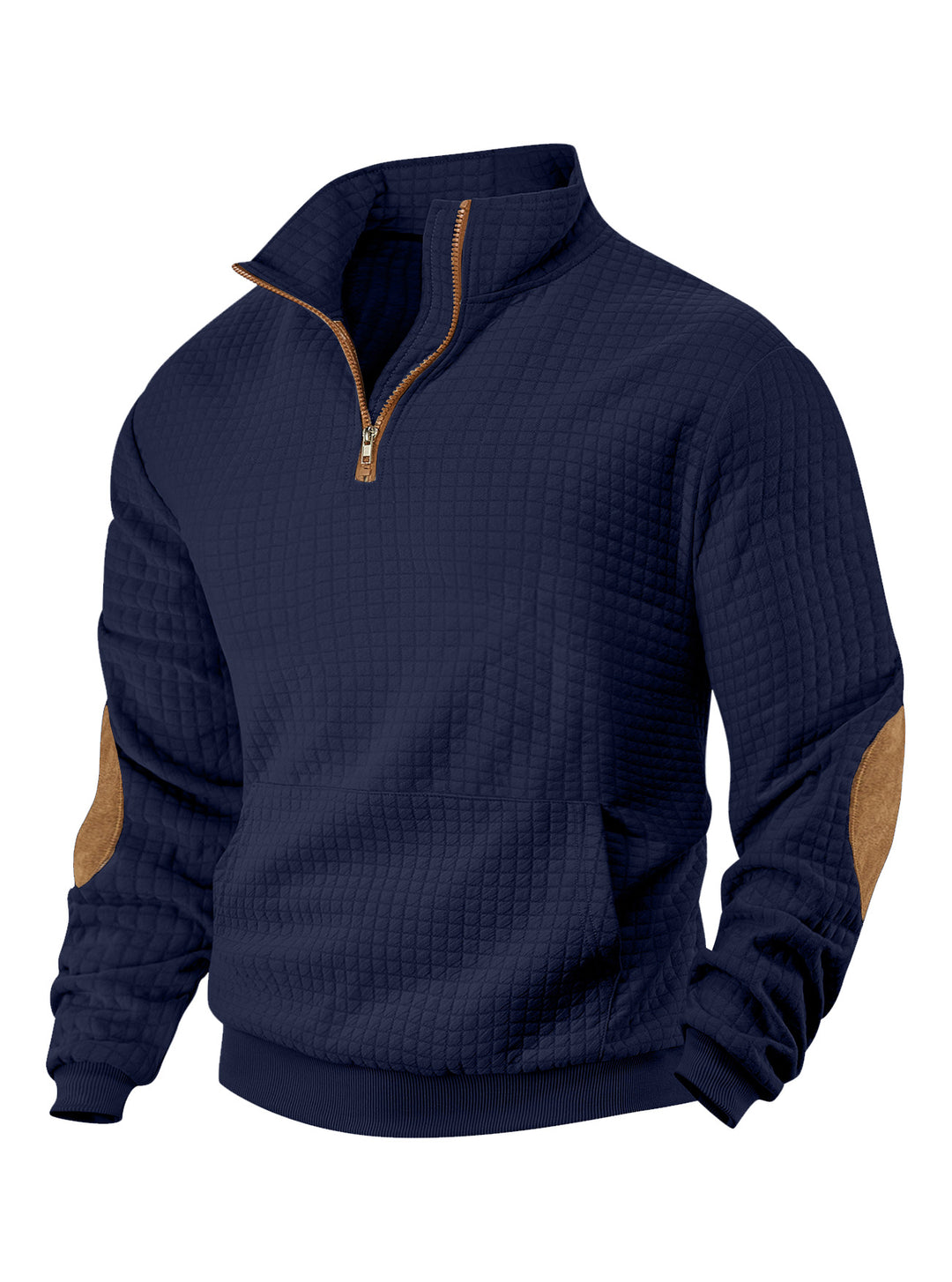 Men's waffle texture half-zip with stand-up collar, kangaroo pocket, and suede look elbow patches Mune Fashion
