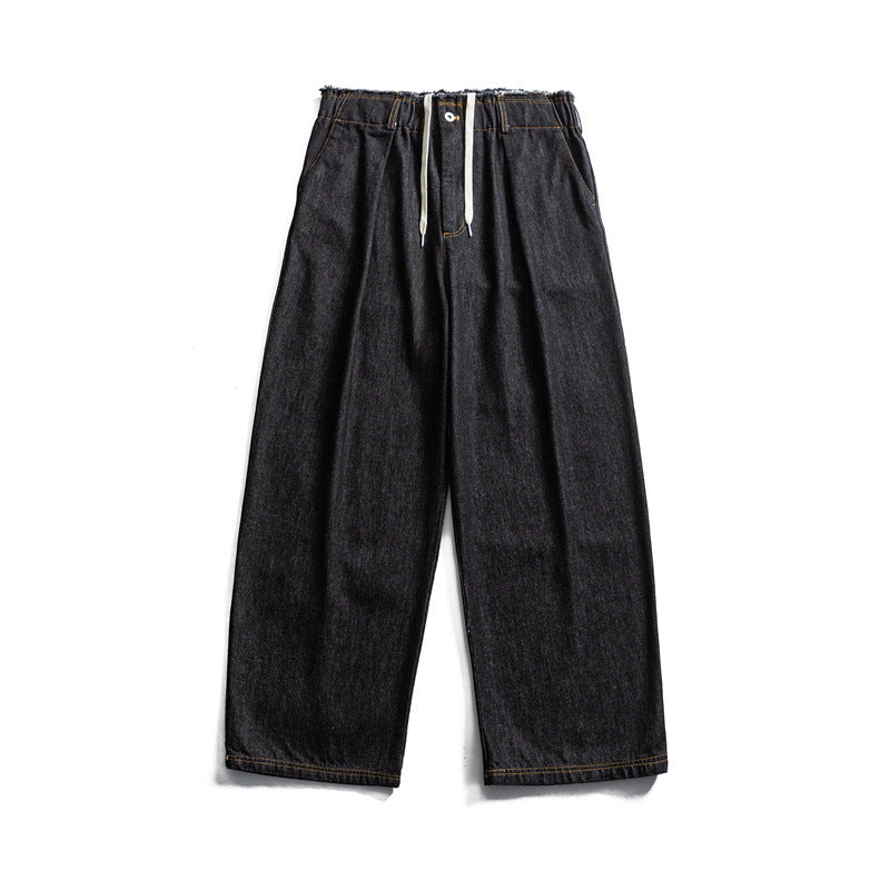 Men's Loose Denim Pants with Elastic Drawstring Waistband and Pleats Mune Fashion