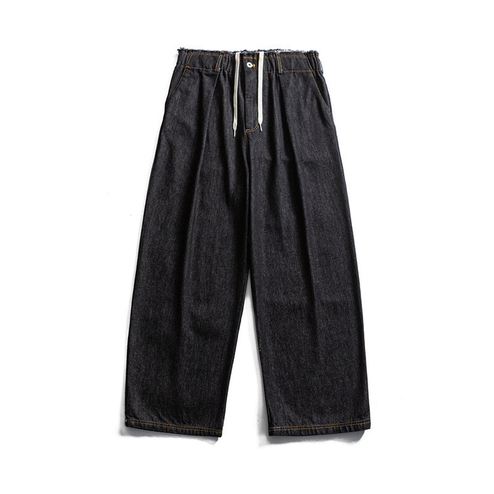 Men's Loose Denim Pants with Elastic Drawstring Waistband and Pleats Mune Fashion