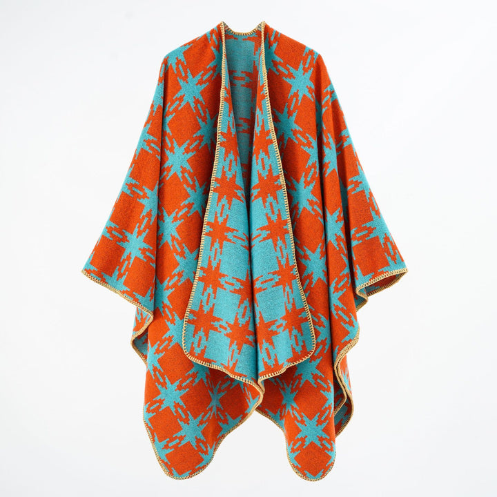 Women's Oversized Jacquard Cape with Star Motif and Contrasting Overlock Edge Mune Fashion
