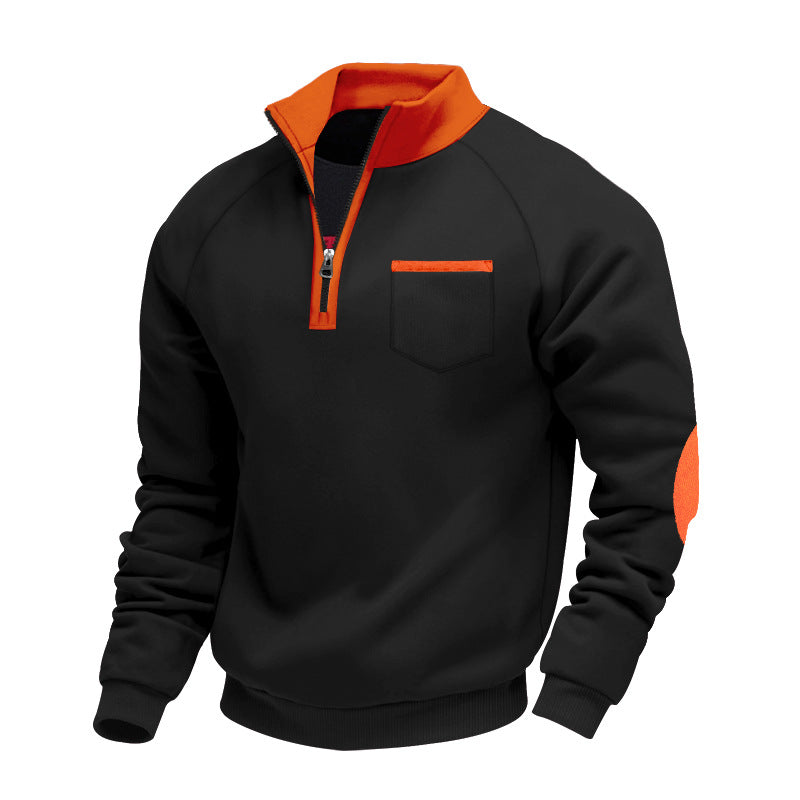 Men's Raglan Half-Zip Sweatshirt with Stand-Up Collar, Chest Pocket & Elbow Application Mune Fashion