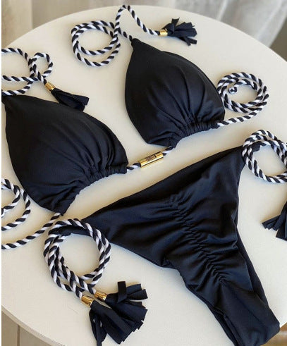 Ladies' triangle bikini with trendy leopard pattern and decorative tassels Mune Fashion