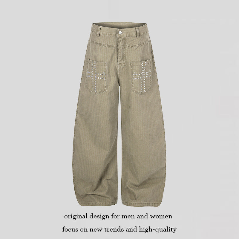 Women's Wide High-Waist Palazzo Jeans with Patch Pockets and Riveted Cross Detail Mune Fashion