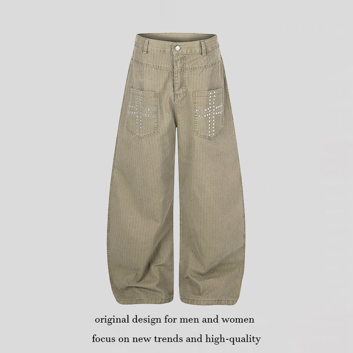 Women's Wide High-Waist Palazzo Jeans with Patch Pockets and Riveted Cross Detail Mune Fashion