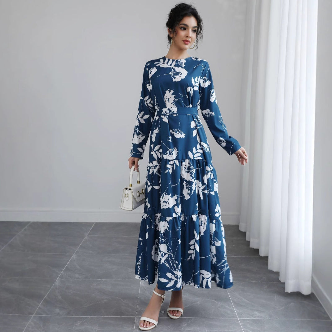 Women Long Floral Tiered Maxi Dress with Waist Belt & Round Neckline Mune Fashion