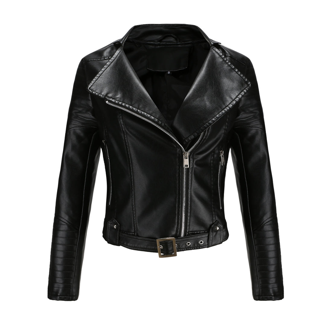 Women's cropped motorcycle jacket in biker look with asymmetric zipper and quilted sleeve part Mune Fashion