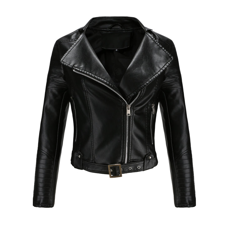 Women's cropped motorcycle jacket in biker look with asymmetric zipper and quilted sleeve part Mune Fashion