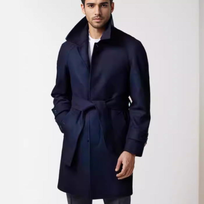 Men's Tailored Coat with Tie Belt, Concealed Button Placket and Classic Lapels Mune Fashion