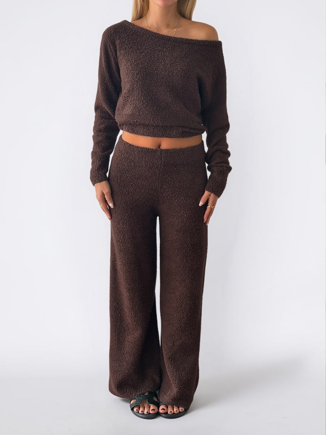 Women's cozy bouclé lounge set with one-shoulder crop pullover and high-waist palazzo pants Mune Fashion