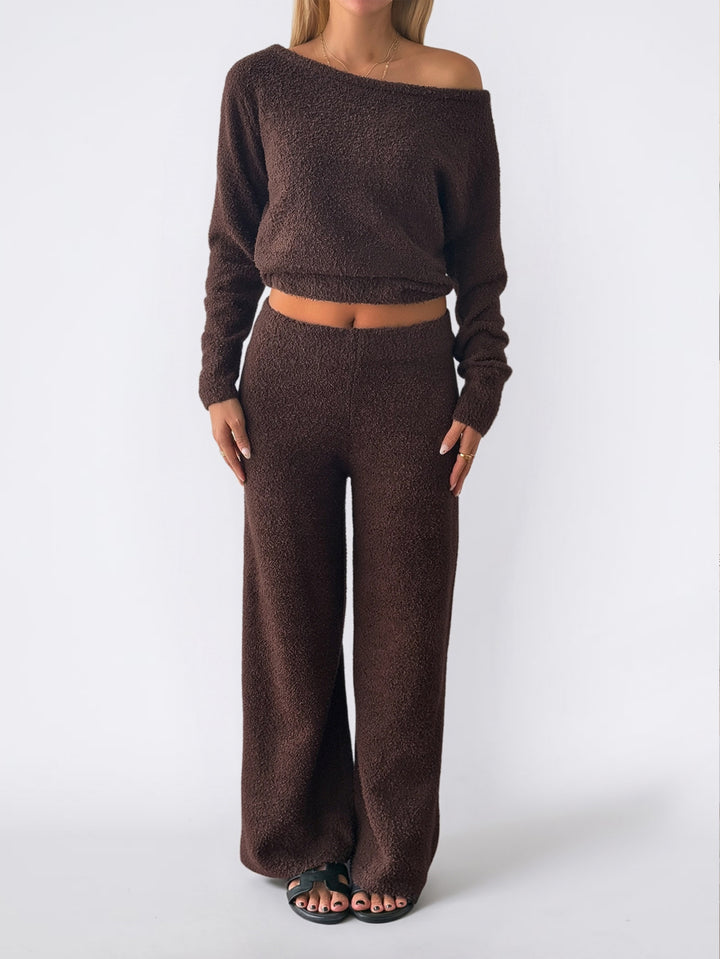 Women's cozy bouclé lounge set with one-shoulder crop pullover and high-waist palazzo pants Mune Fashion