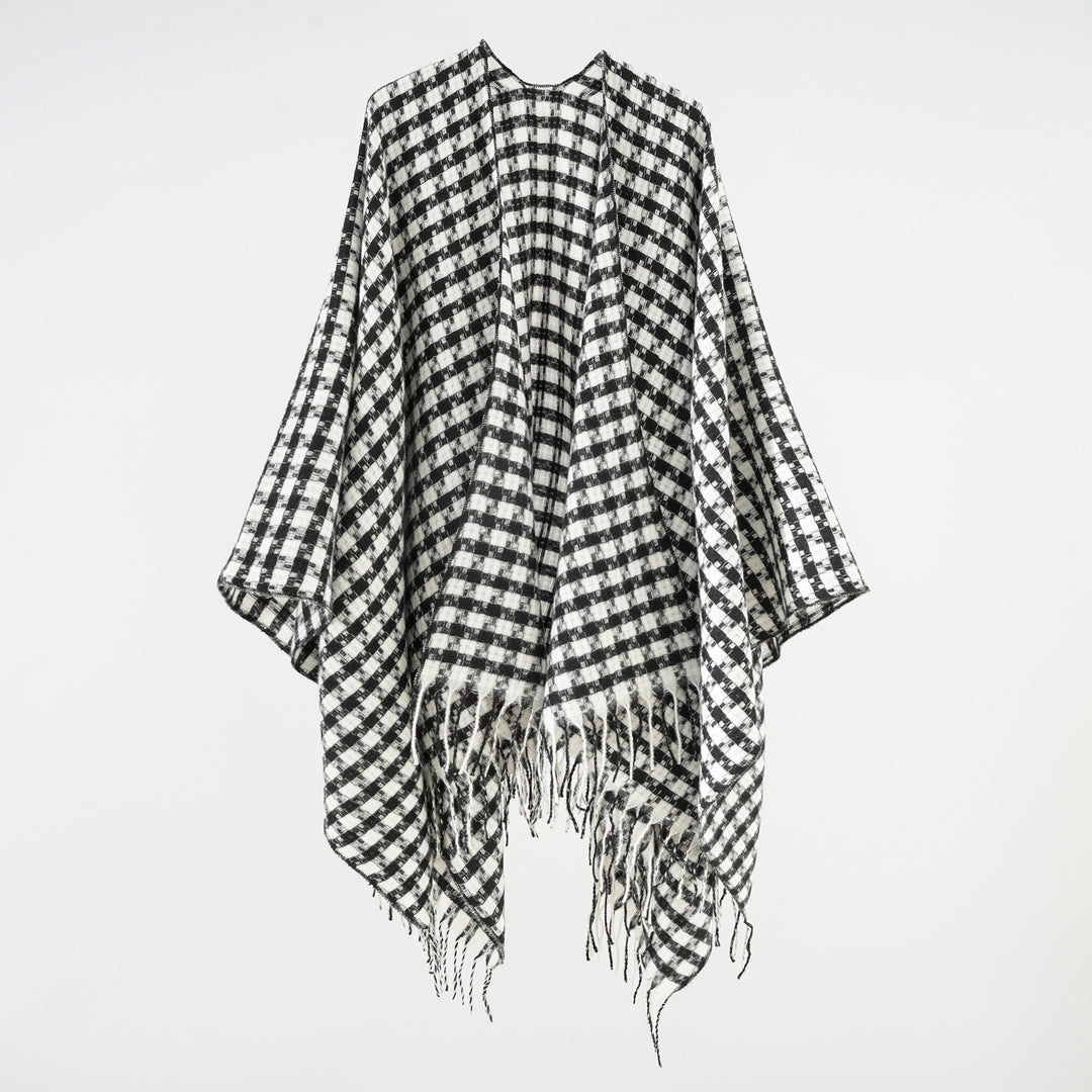 Women's Open Wool Blend Poncho in Houndstooth Check with Fringes Mune Fashion
