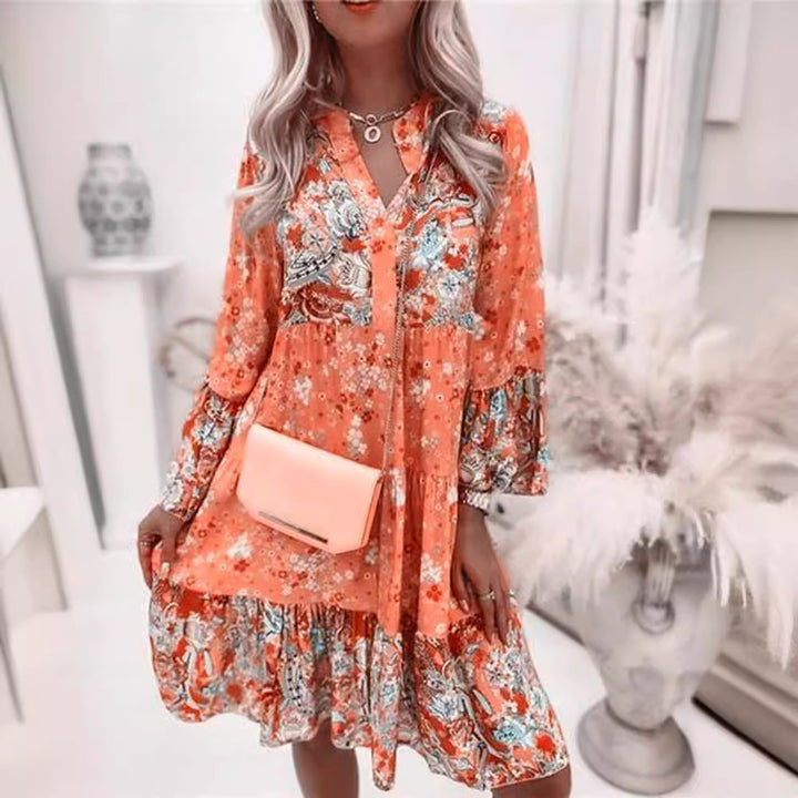 Women nan floral Boho dress with V-neck and tiered skirt Mune Fashion