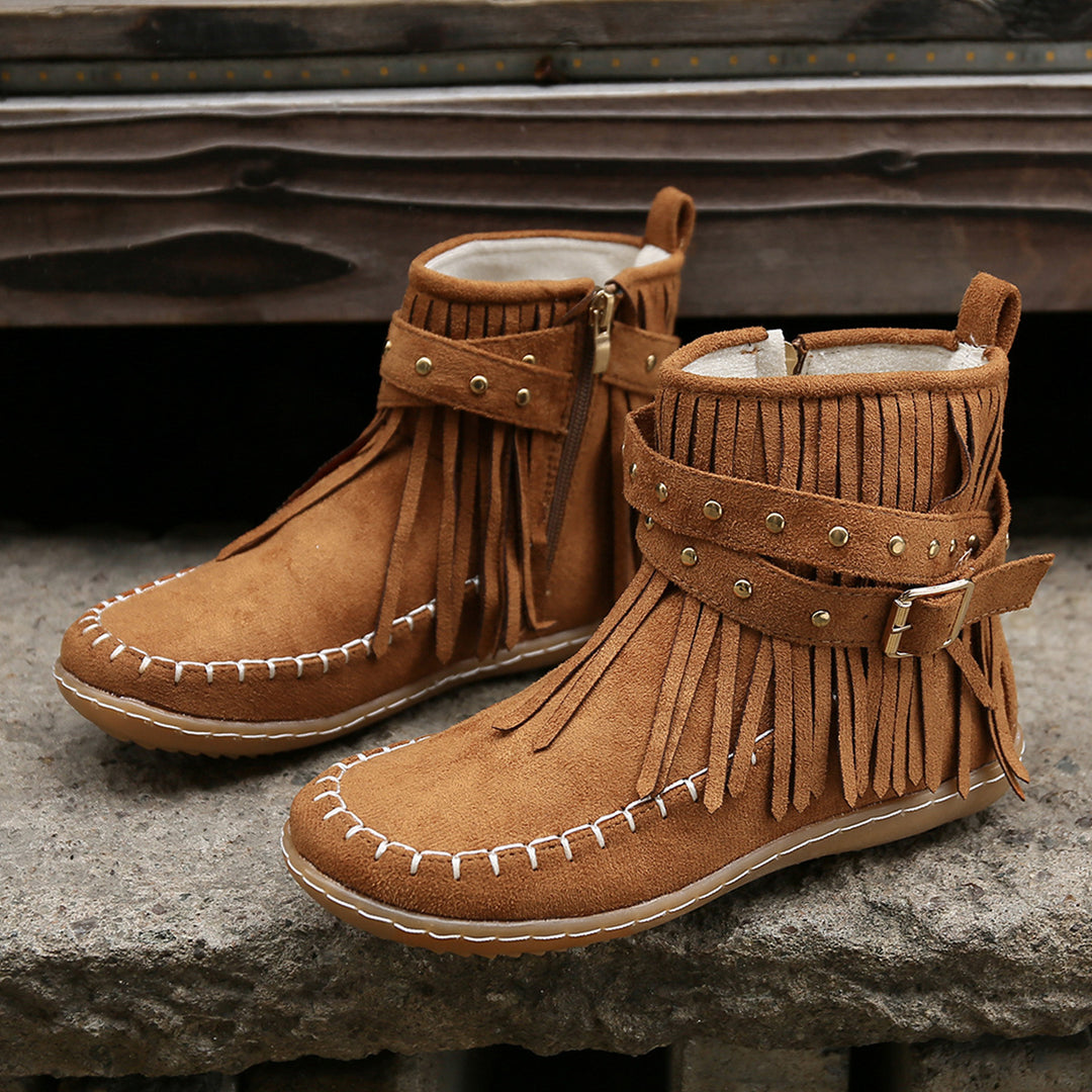 Ladies' ankle-high fringe boots in suede look with decorative buckle, decorative studs, and padded comfort insole Mune Fashion
