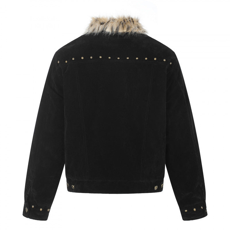 Men's short jacket made of suede leather imitation with faux fur collar and stud details Mune Fashion