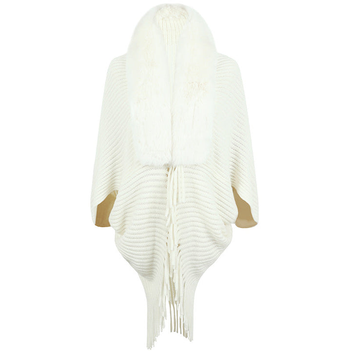 Women's Luxurious Knit Poncho with Elegant Faux Fur Collar and Fringes Mune